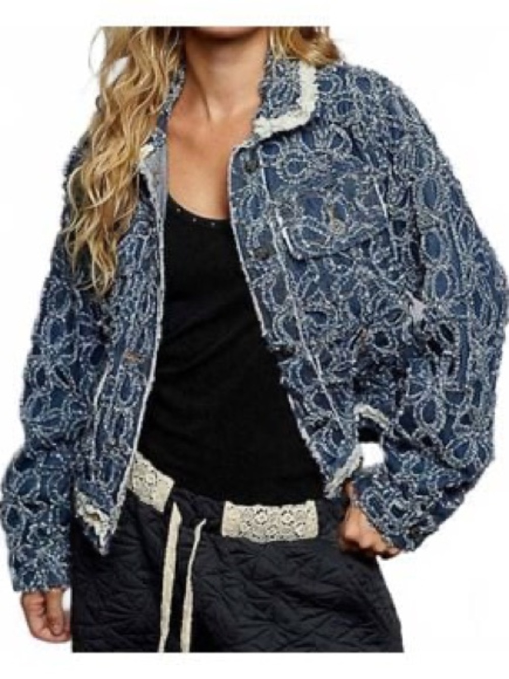 POL Blue Distressed Floral Jean Jacket with Cream Trim Medium Oversized - Picture 4 of 7